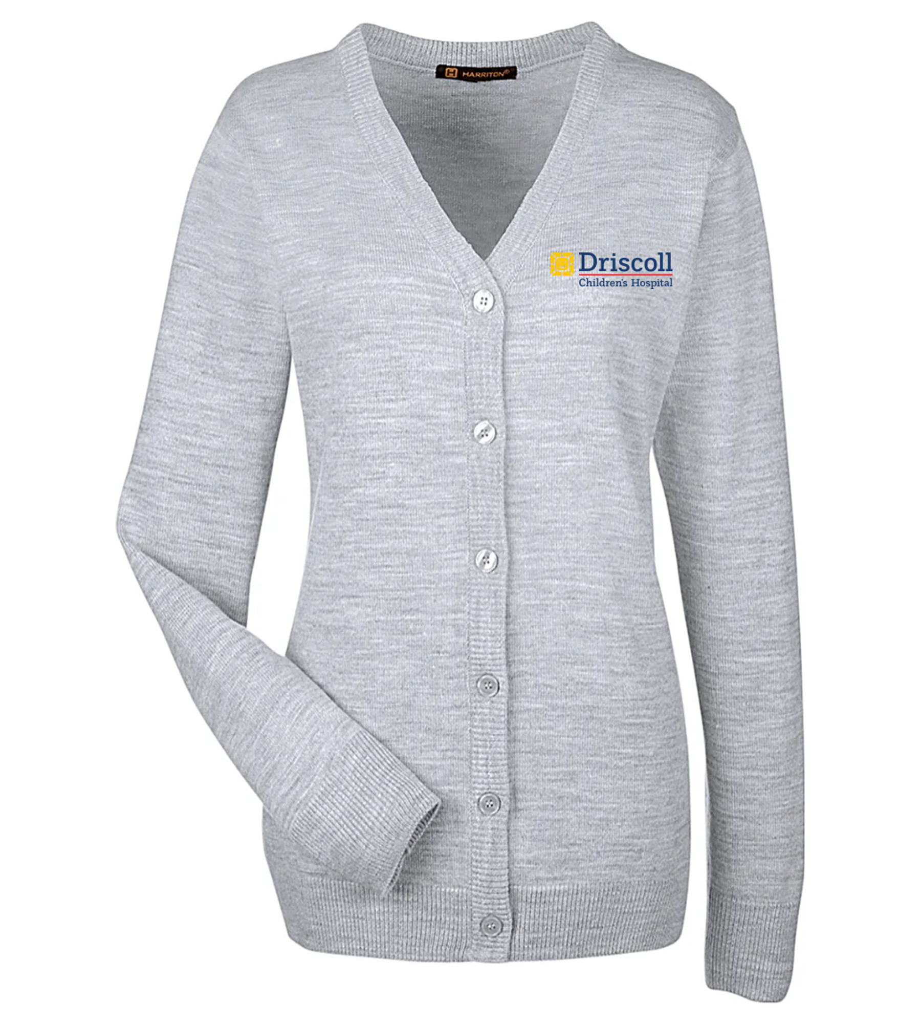 Harriton Ladies Pilbloc V-Neck Button Cardigan Sweater Grey Heather with Driscoll Children's Hospital
